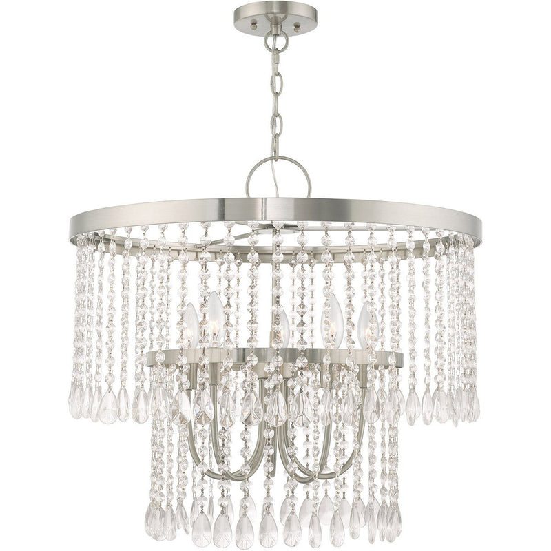 23" Five Light Dimmable Chandelier With Shades - Nickel / Pearl Silver