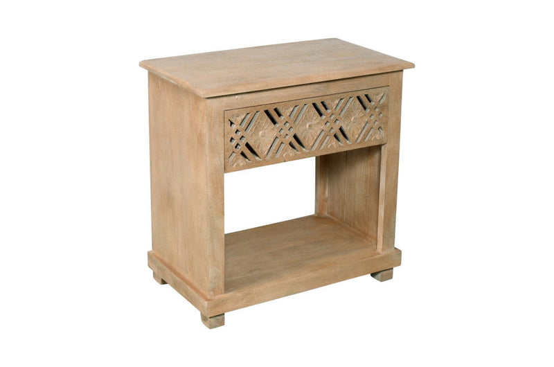 Solid Wood Carved Geometric One Drawer Nightstand - Natural