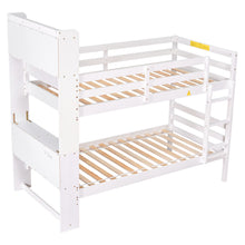 Load image into Gallery viewer, Twin Over Twin Bunk Beds with Bookcase Headboard, Solid Wood Bed Frame with Safety Rail and Ladder, Kids/Teens Bedroom, Guest Room Furniture, Can Be converted into 2 Beds, White
