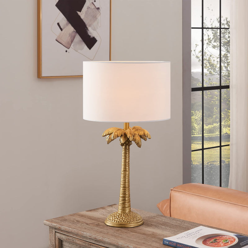 Tropical Coconut Tree Table Lamp With White Drum Shade - Gold