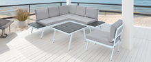 Load image into Gallery viewer, TOPMAX Industrial 5-Piece Aluminum Outdoor Patio Furniture Set, Modern Garden Sectional Sofa Set with End Tables, Coffee Table and Furniture Clips for Backyard, White+Grey
