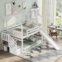 Load image into Gallery viewer, Twin over Twin House Bunk Bed with Convertible Slide,Storage Staircase,White
