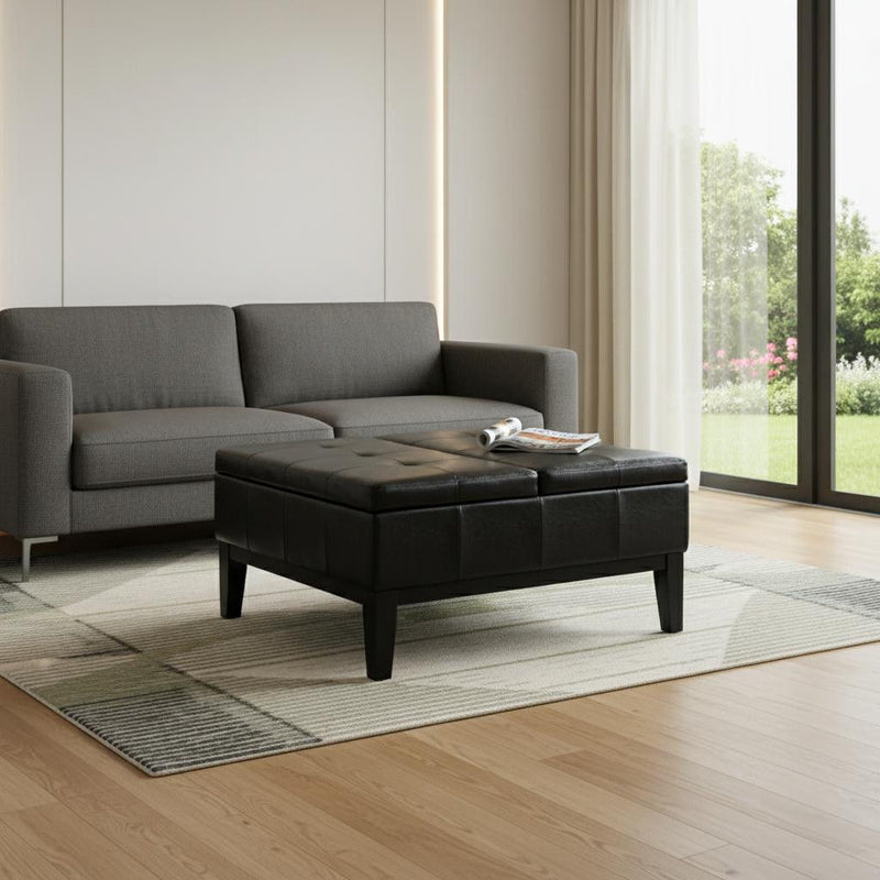 36" Leather Cocktail Ottoman With Storage - Black / Dark Brown