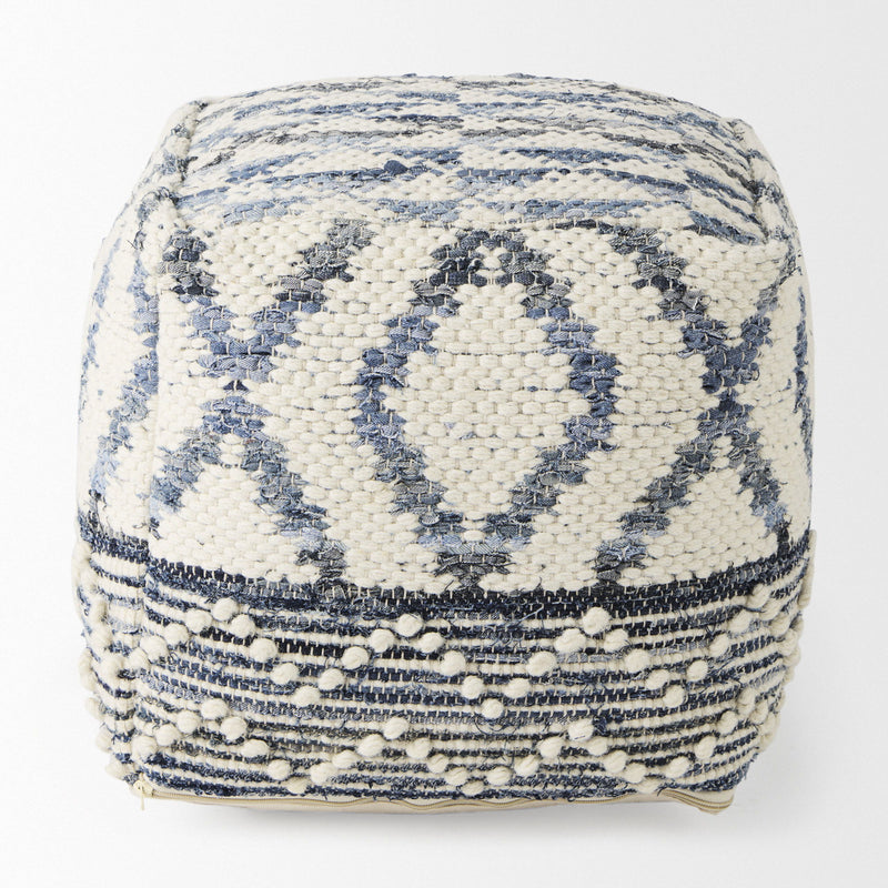 Fabric Geometric Round Pouf Ottoman - Cream / Gray