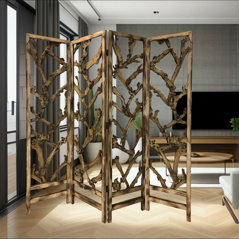 Solid Woodfolding Four Panel Screen Room Divider - Brown