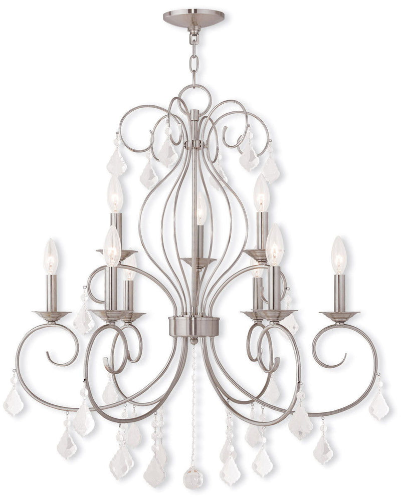 Nine Light Metal Dimmable Chandelier With Shades - Nickel / Clear
