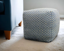 Load image into Gallery viewer, Wool Cube Trellis Pouf Ottoman - Blue And Beige
