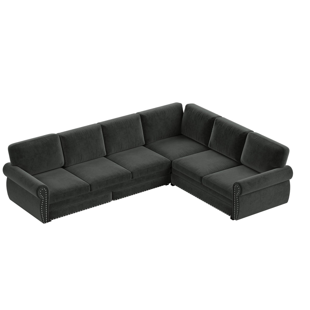 L-Shaped Sofa Couch With Pull Out Bed With Nailhead Trim & Rolled Arm