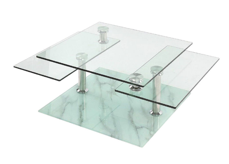 32" Clear And Faux Marble Glass And Metal Coffee Table With Three Shelves - White