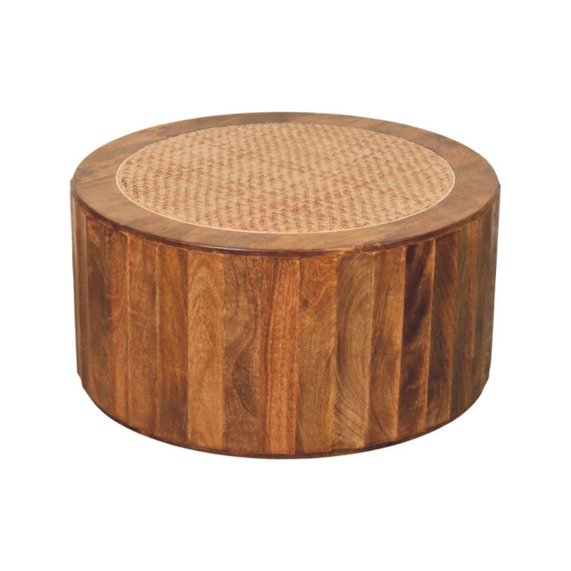 Golden And Saffron Rattan And Solid Wood Round Drum Coffee Table - Brown
