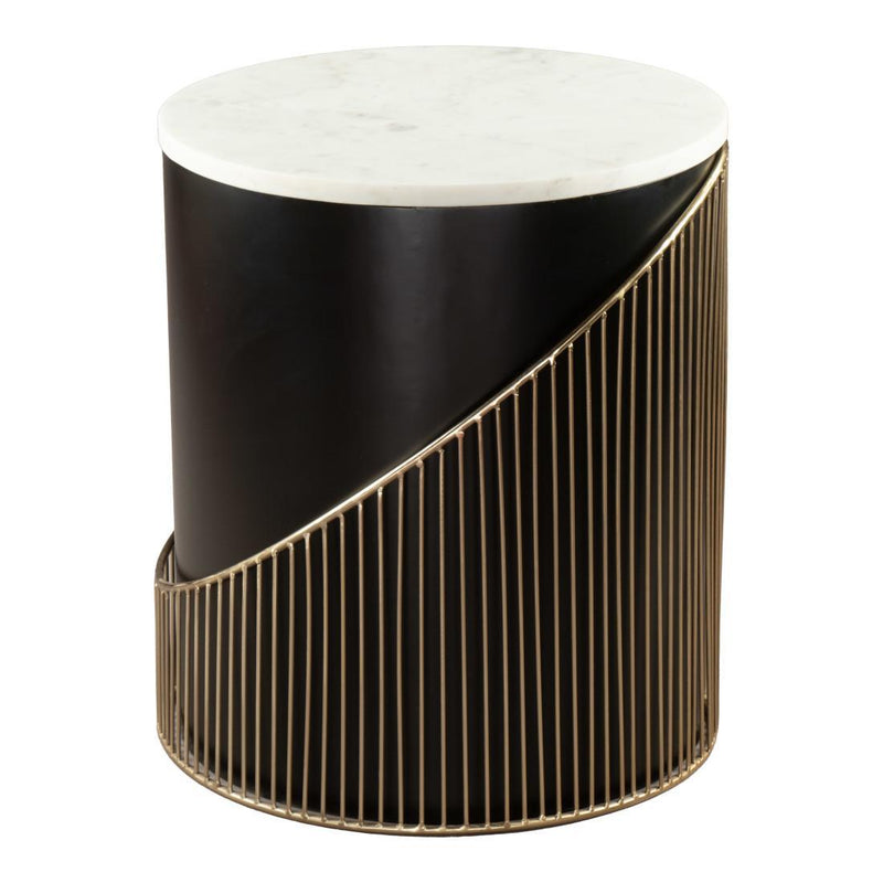 Marble Iron And Wood Round Drum End Table - White Black And Gold