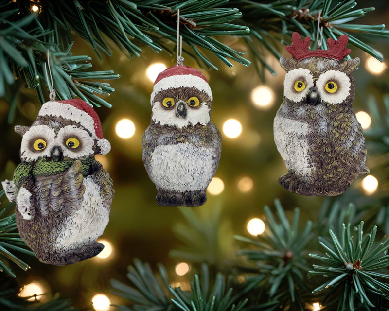 Owl Figurine (Set of 3) (552241) - Brown / White / Red
