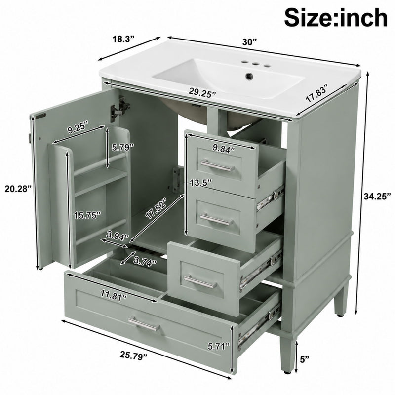 Bathroom Vanity With Sink, Soft Closing Door And Drawers - Light Green