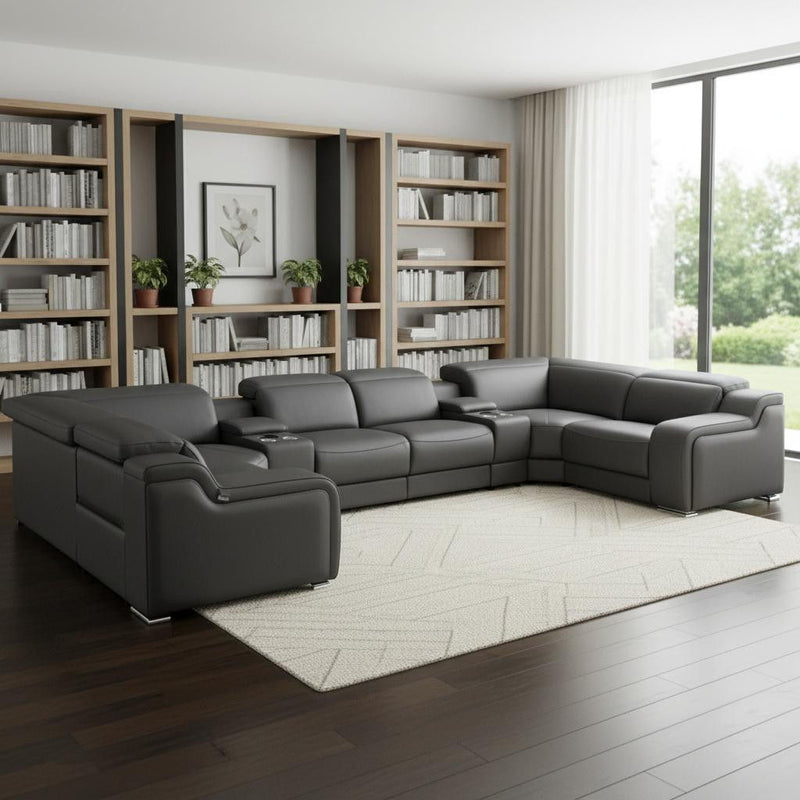 Italian Leather Power Reclining U-Shaped 8 Piece Corner Sectional With Console - Dark Gray