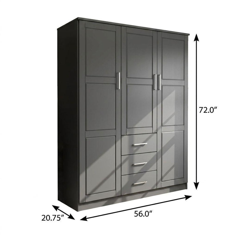 Solid Wood Three Door Three Drawer Combo Dresser - Gray