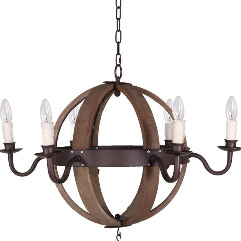 Wood And Metal Sphere Six Light Dimmable Chandelier - Brown