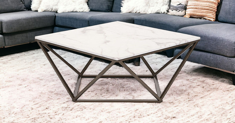 Faux Marble And Steel Square Coffee Table - White