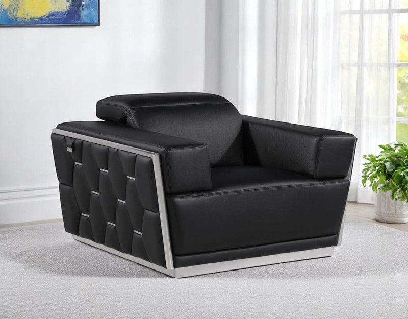 47" Italian Leather Club Chair - Black / Silver