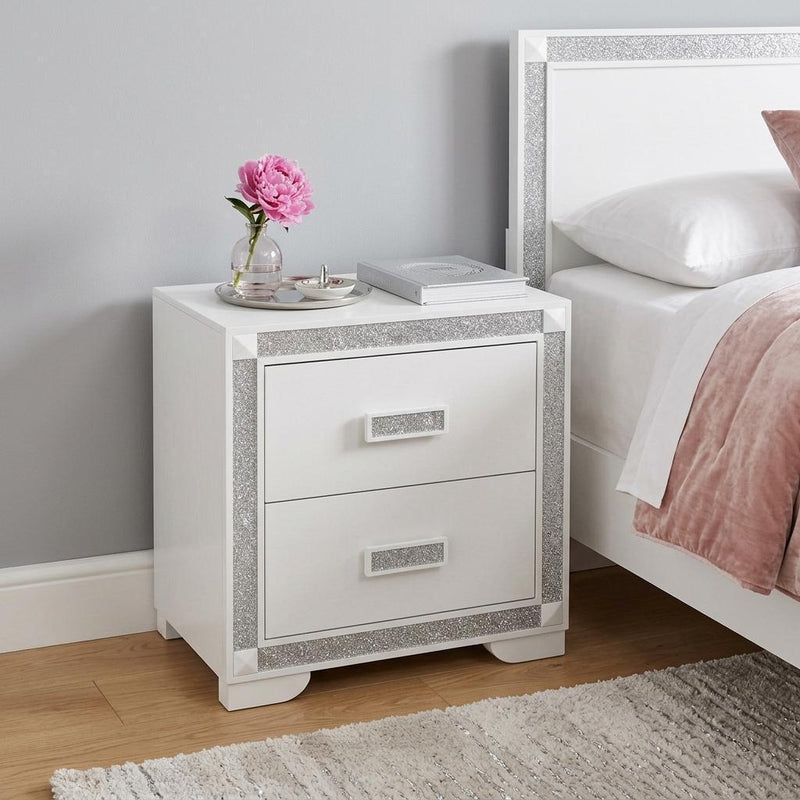 Wood Faux Crystal Bling Two Drawer Nightstand - White