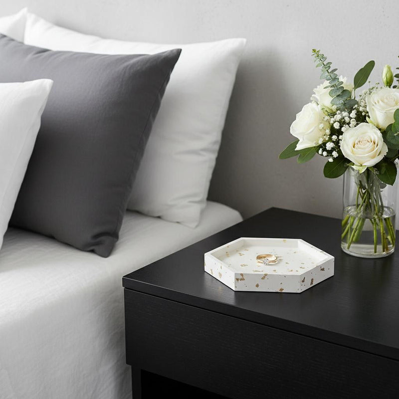 Resin Handmade Hexagon Trinket Tray - White / Gold