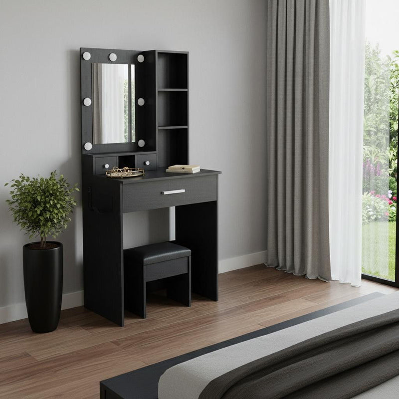 Wood Mirrored Three Drawer Vanity Table Lights - Black
