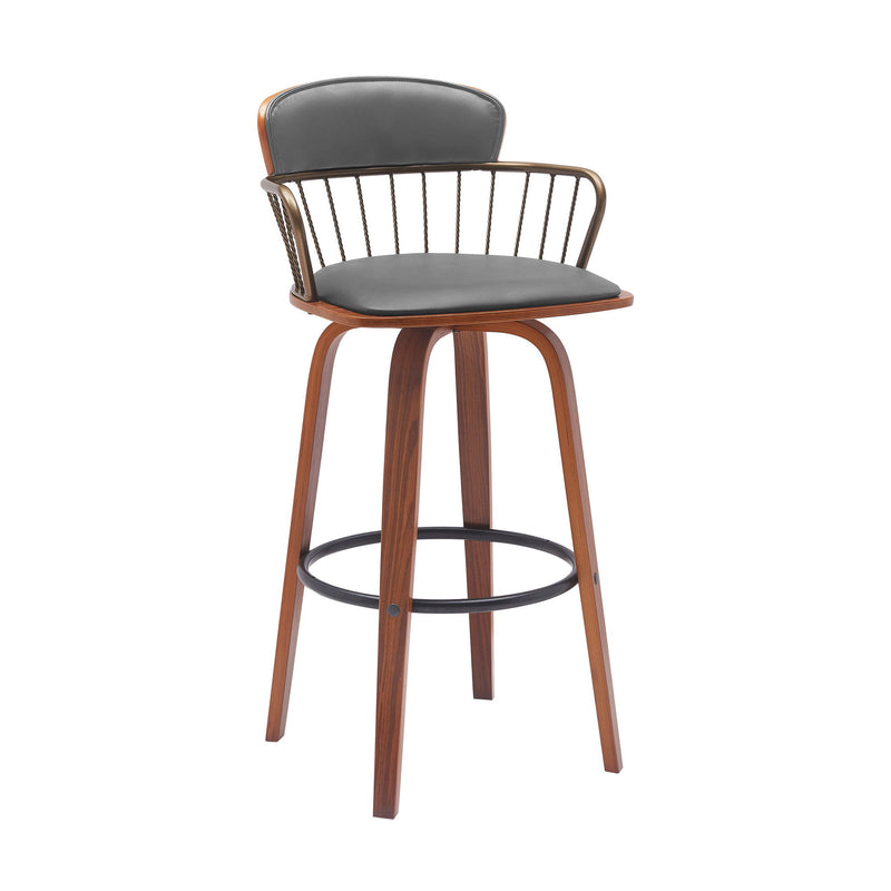 Faux Leather Swivel Low Back Bar Height Bar Chair - Gray And Wood Brown