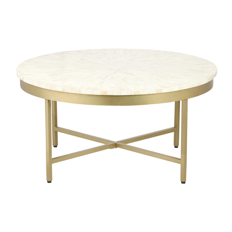 18" Wood And Steel Round Coffee Table - Ivory And Gold