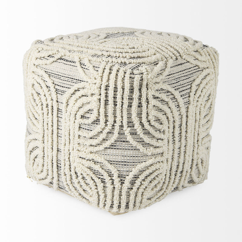 Fabric Geometric Round Pouf Ottoman - Gray / Beige