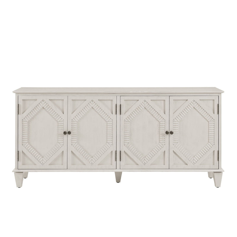 Wood Carved Geometric Accent Cabinet With Four Doors - White