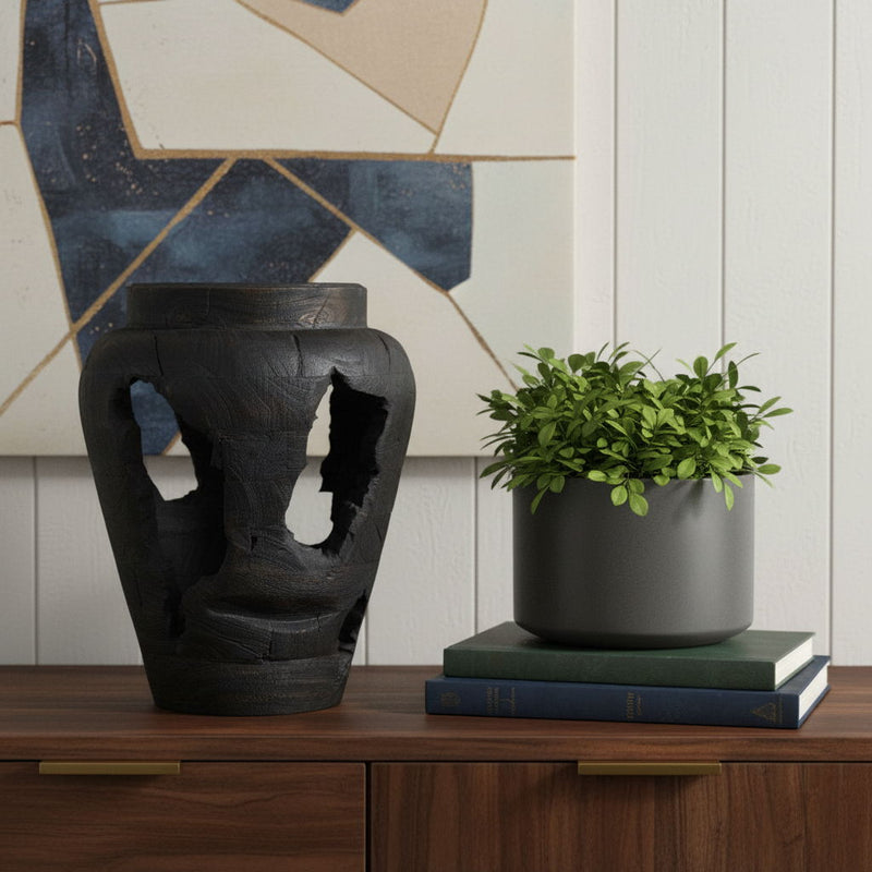 Modern Abstract Table Vase With Sculptural Details - Black