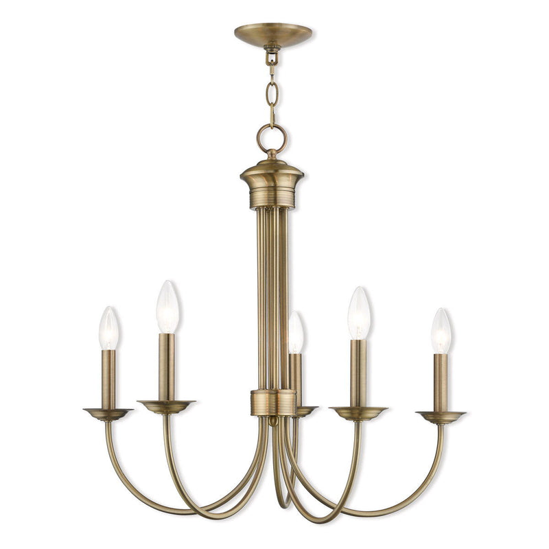 Five Light Metal Dimmable Chandelier With Shades - Antiqued Brass