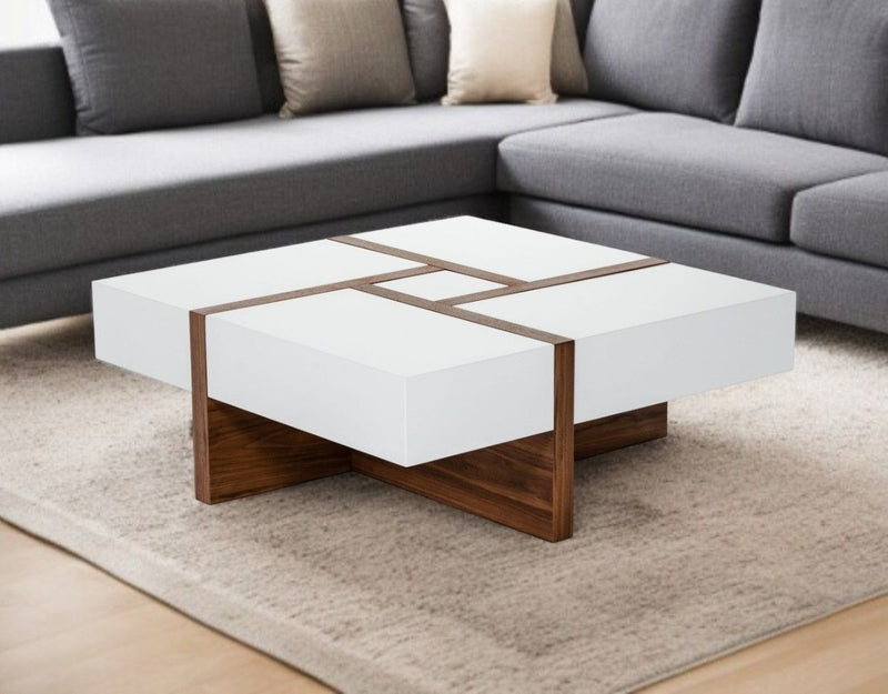 Modern Square Coffee Table With Storage - White And Walnut