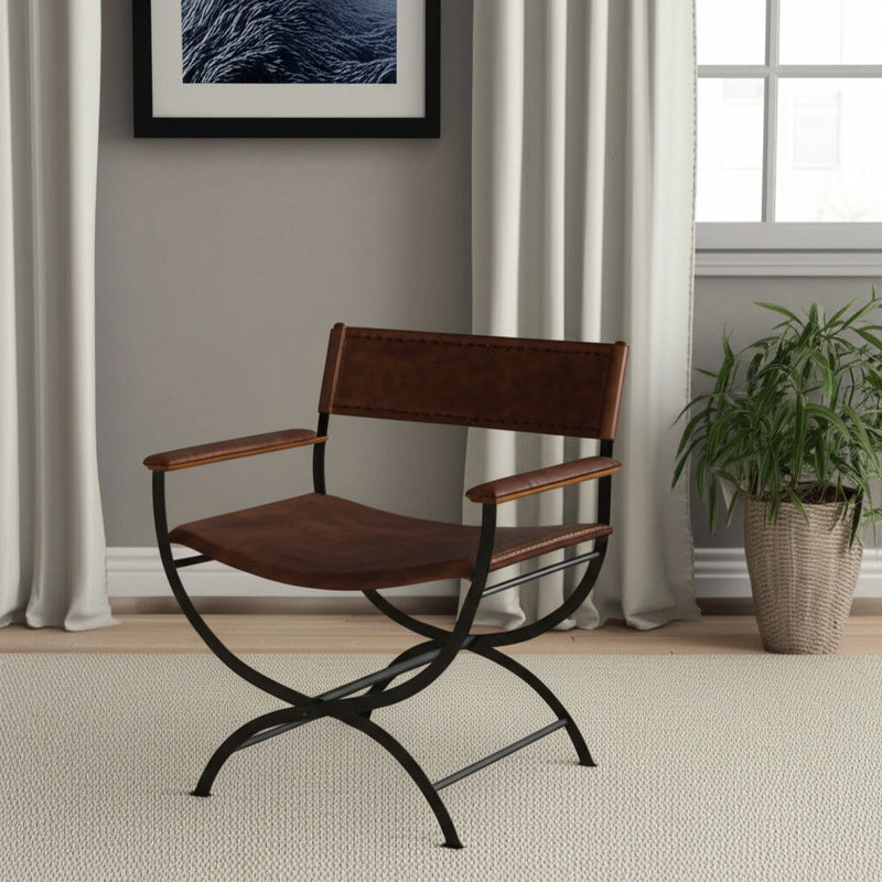 29" Metal And Genuine Leather Director's Chair - Black / Brown