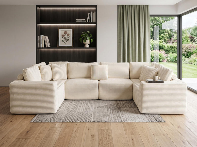 Corduroy Modular U Shaped Four Piece Corner Sectional With Console And Toss Pillows - Beige