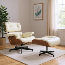 Load image into Gallery viewer, 27" Tufted Genuine Leather Swivel Lounge Chair With Ottoman - Off White / Walnut

