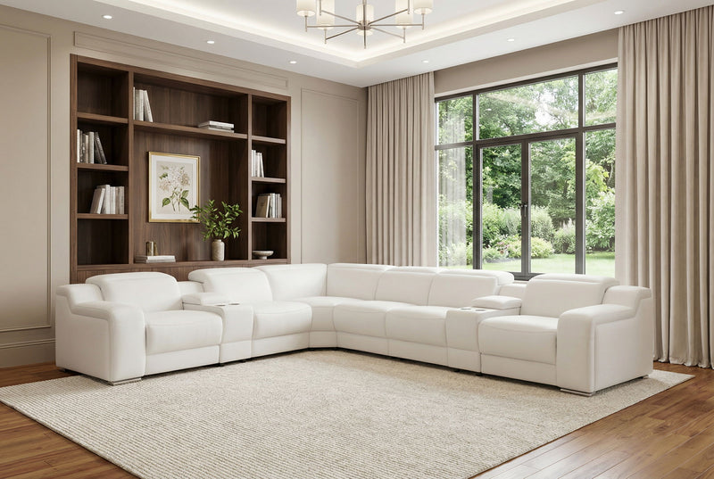 Italian Leather 3 Power Reclining L Shaped Eight Piece Corner Sectional With Console - White