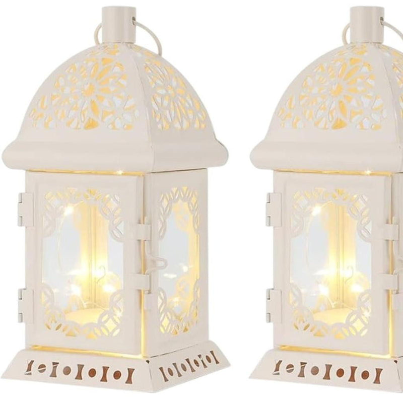 Metal Glass Pierced Scrollwork Lantern Lamps (Set of 2) - White