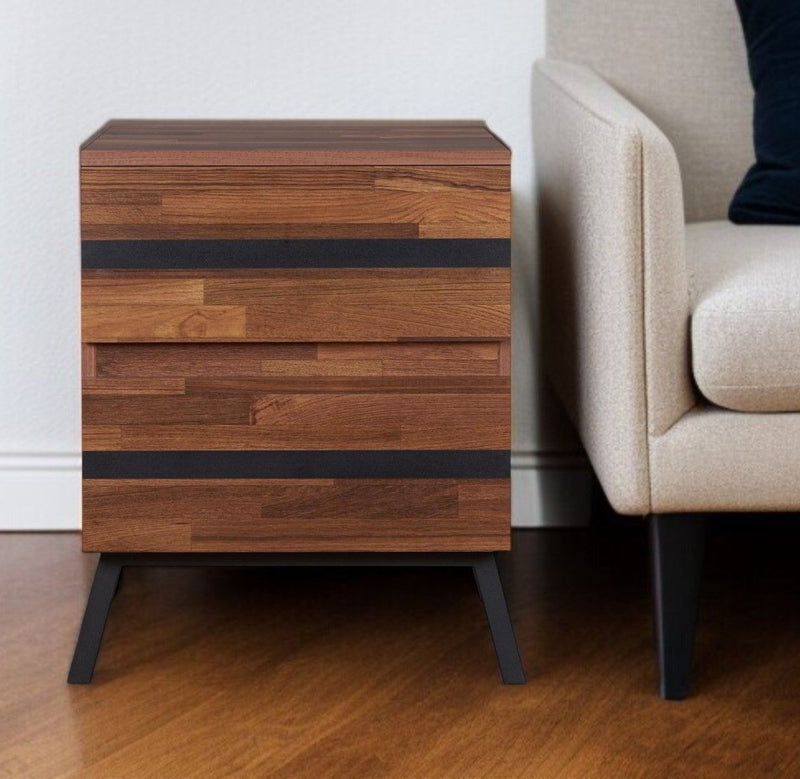 Wood And Iron End Table With Two Drawers - Black And Brown