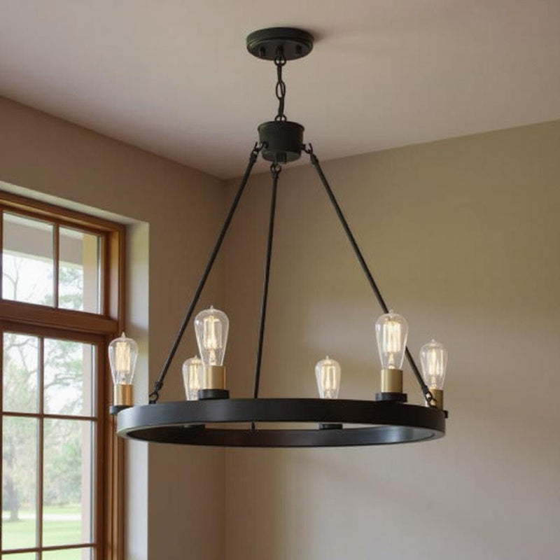 27" Candle Style Six Light Metal Dimmable Chandelier - Black / Gold