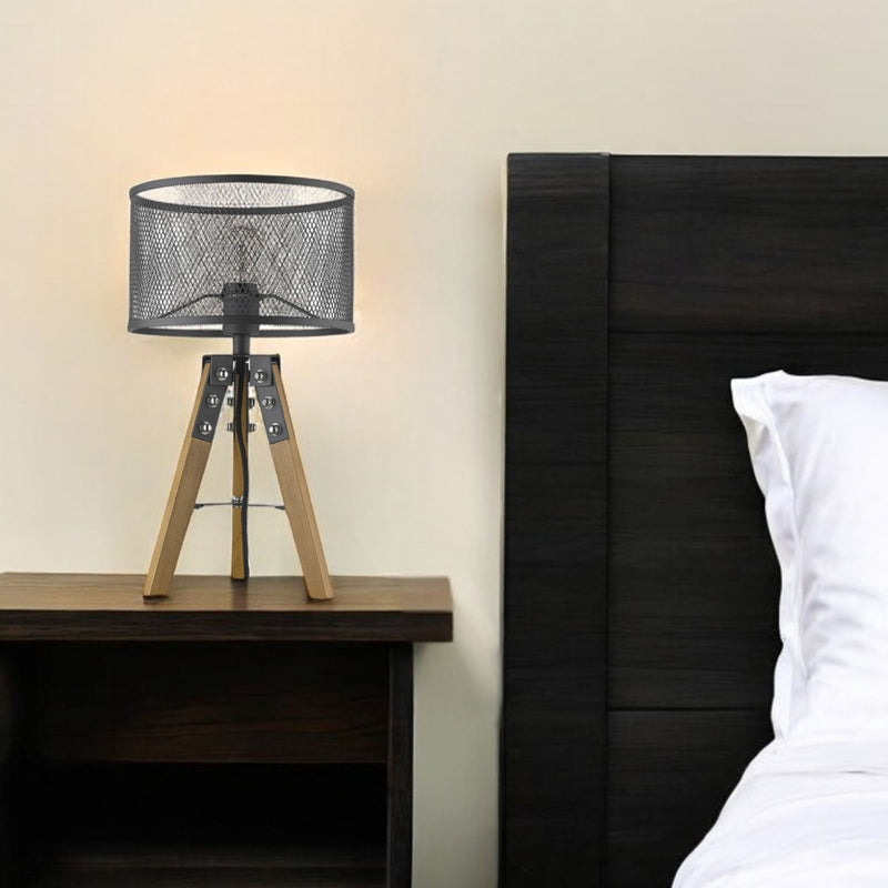 Solid Wood Tripod Table Lamp With Black Drum Shade - Brown
