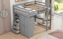 Load image into Gallery viewer, Wood Full Size Loft Bed with Built-in Wardrobe, Desk, Storage Shelves and Drawers, Gray
