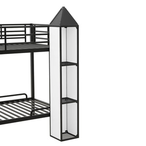 Metal Twin over Twin Castle-shaped Bunk Bed with Wardrobe and Multiple Storage, Black+White