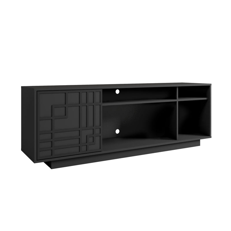 Carved Geometric Wood Enclosed Open Storage TV Stand - Black