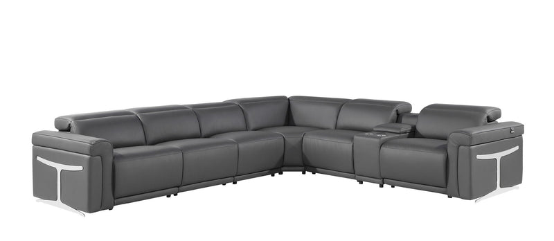 Italian Leather Modular L Shaped Seven Piece Corner Sectional With Console - Gray