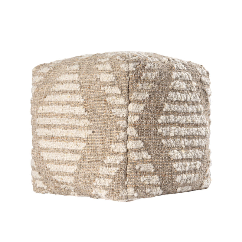 Cotton Jute Wool Geometric Cube Pouf Ottoman - Ivory