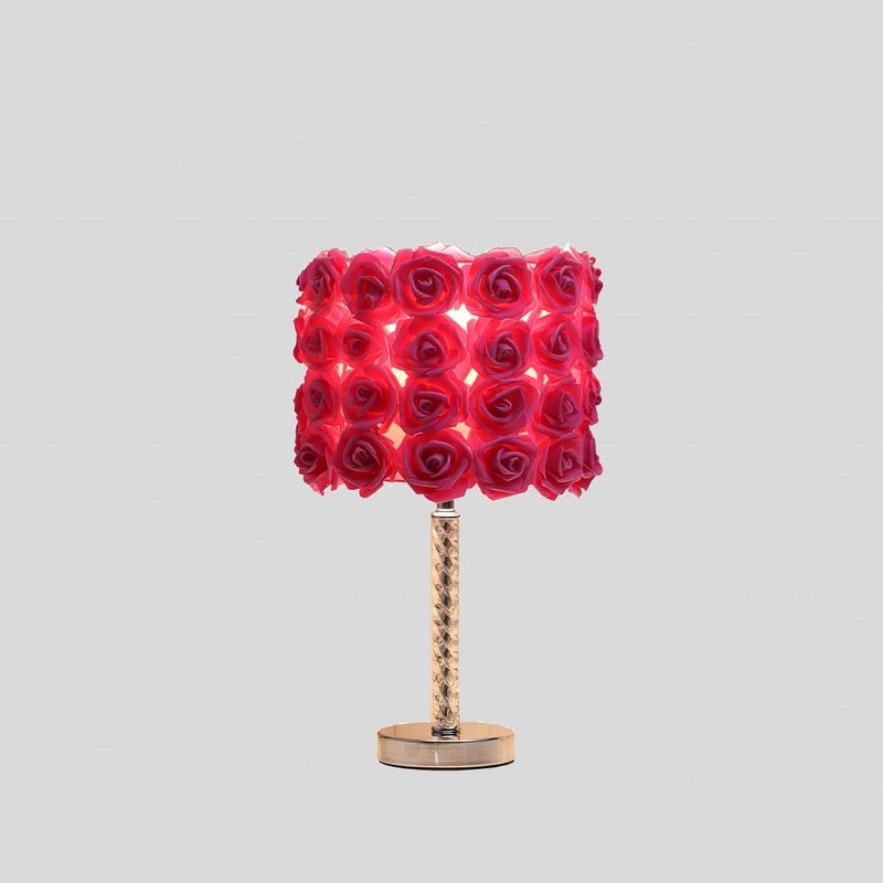 Bedside LED Table Lamp With Red Flowers Drum Shade - Silver