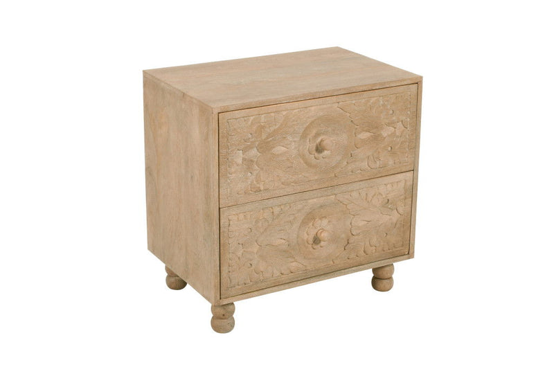 Solid Wood Distressed Carved Scrollwork Two Drawer Nightstand - Beige