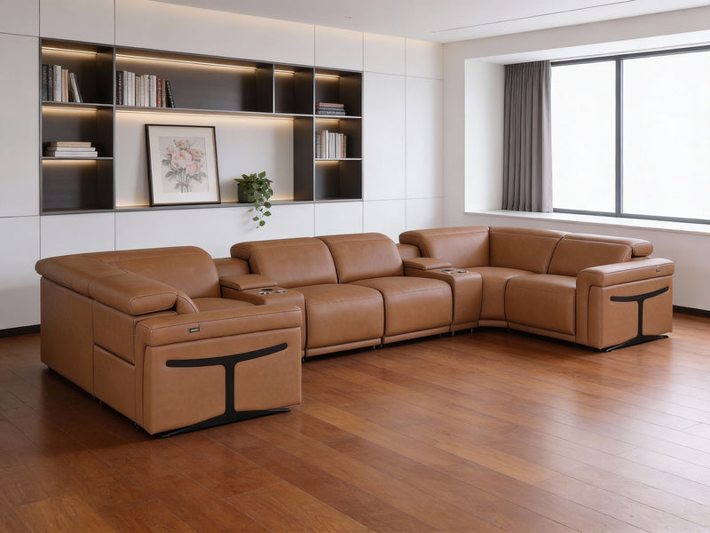 Italian Leather Power Reclining U Shaped Eight Piece Sectional With Console - Chestnut