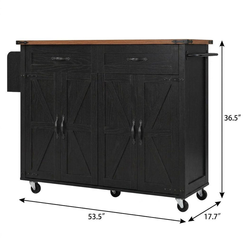 Brown And Wood Flat Door Rolling Kitchen Cart With USB - Black