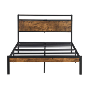 Metal Platform Bed Frame With Wooden Headboard And Footboard With USB Liner, No Box Spring Needed, Under Bed Storage
